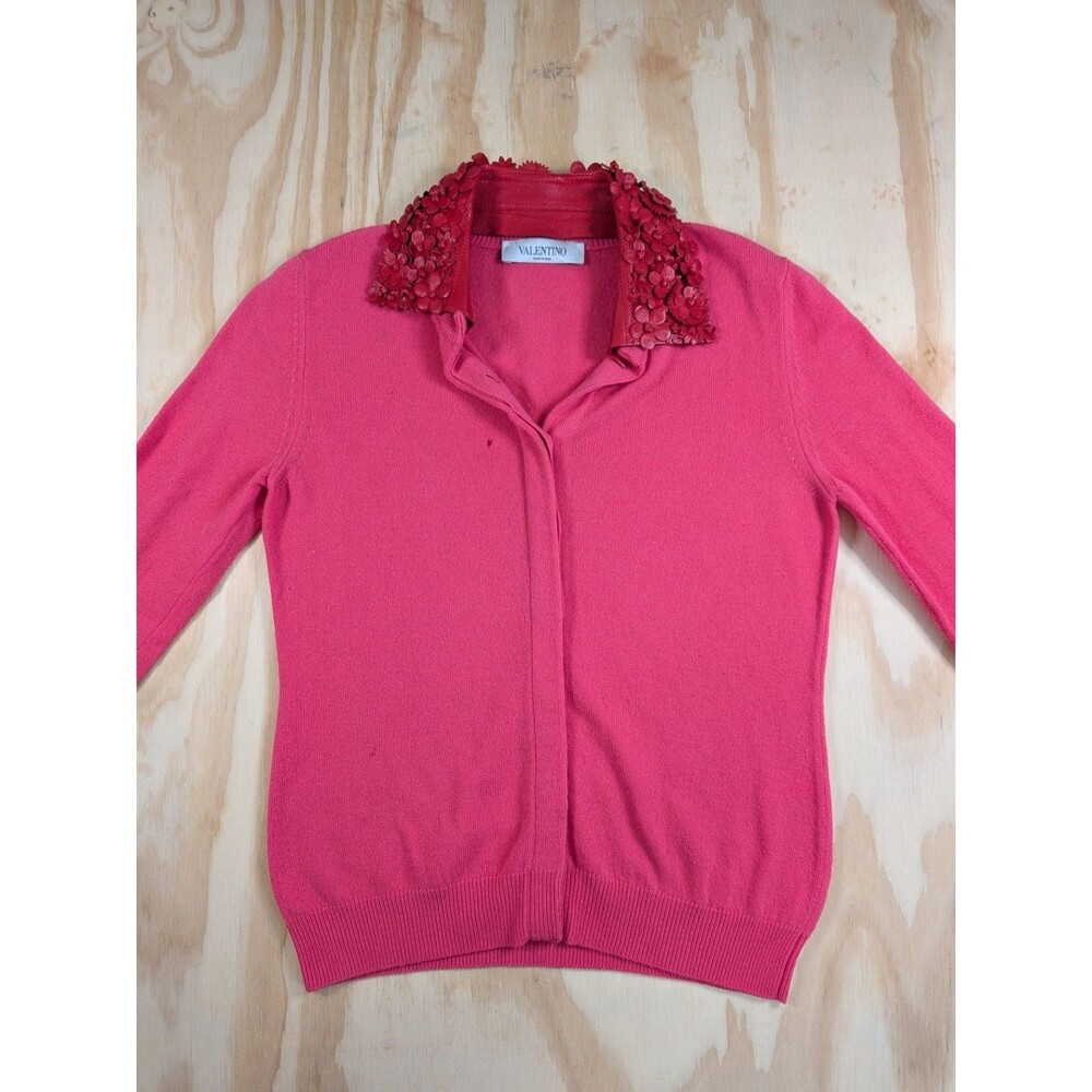 Valentino Pink Knit Cardigan with 3D Red Leather Floral Collar Size S